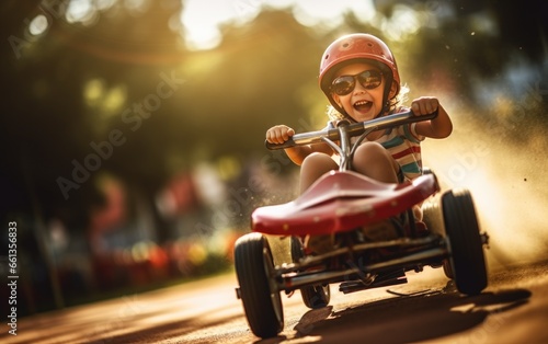 Young boy kid participating in a competitive race. He's behind the wheel of his racer car, speeding down a steep hill with determination and a thrill for speed photo