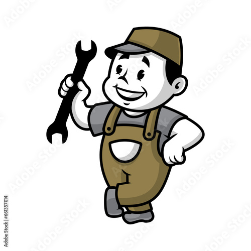 handyman holding a double wrench.