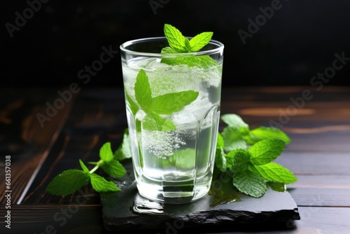 glass of iced water with floating mint leaves