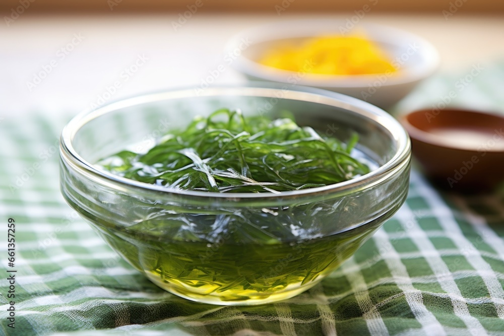 clear crystal bowl with seaweed salad on a linen tablecloth clear crystal bowl with seaweed salad on a linen tablecloth