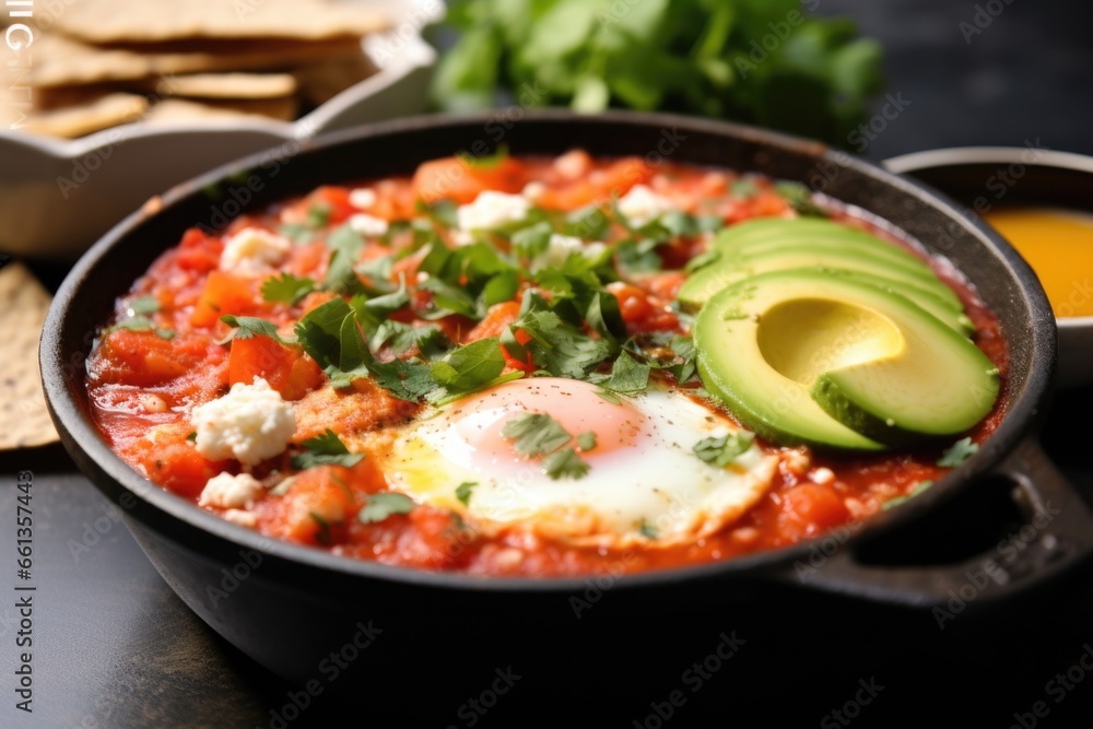 shakshuka with avocado slices on top in a grey clay dish