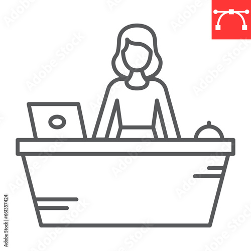Reception line icon, receptionist and hotel services, customer service desk vector icon, vector graphics, editable stroke outline sign, eps 10.