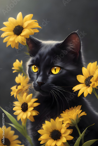 black cat with yellow flowers