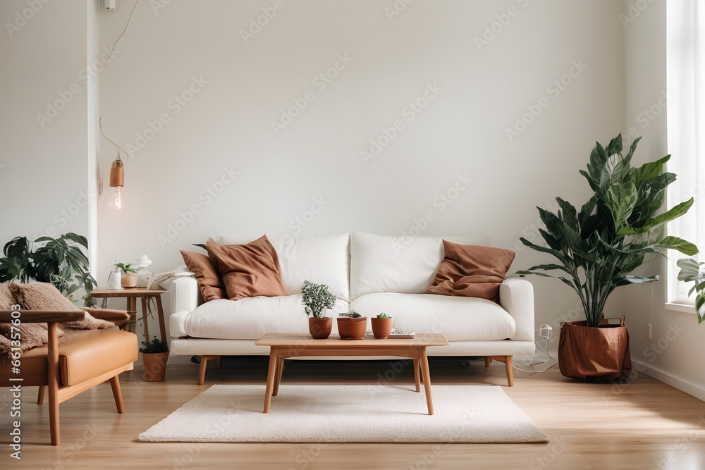 Captivating Homeliness Living Room. white color walls, sofa color is brown, wooden small table and plant with copy space Captivating Homeliness Living Room. white color walls, sofa color is brown, wooden small table and plant with copy space