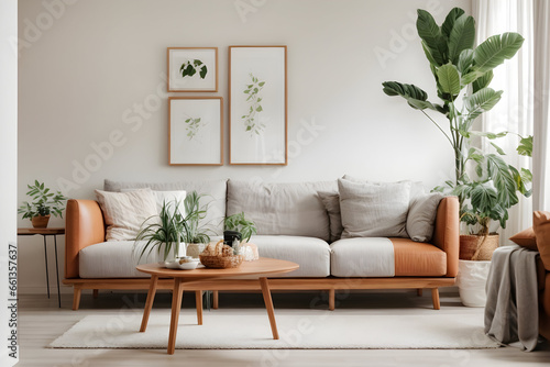 Captivating Homeliness Living Room. white color walls, sofa color is brown, wooden small table and plant with copy space © Nuwan Buddhika
