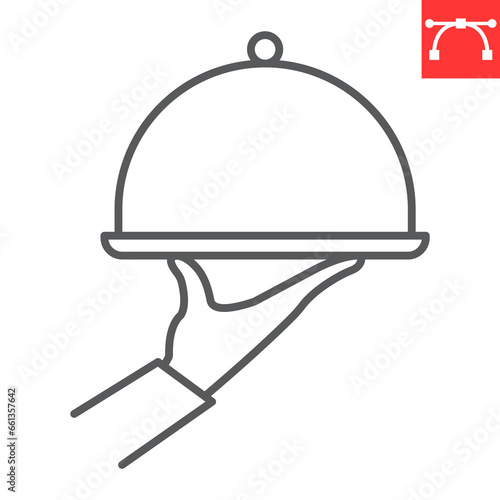 Serving food line icon, dinner and hotel services, hand holding cloche serving plate vector icon, vector graphics, editable stroke outline sign, eps 10.
