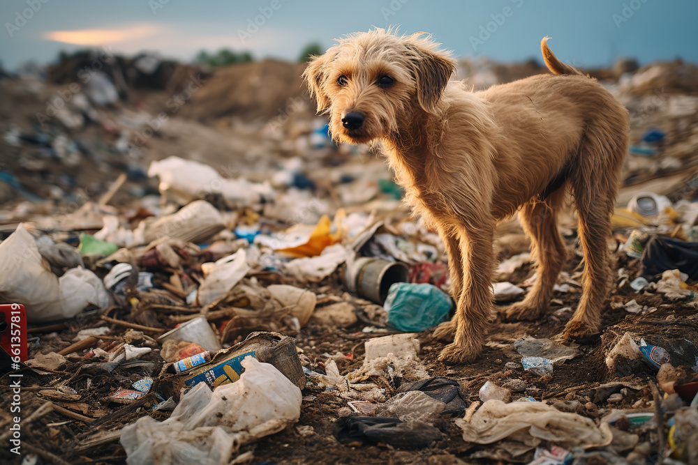 A skinny, malnourished stray dog foraging through a heap of trash in
