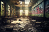 An abandoned school building with boarded-up windows and graffiti, surrounded by debris