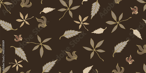 Plant leaves. Drawn plant leaves. Seamless background of hand-drawn plant leaves. Vector illustration