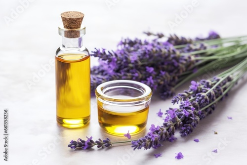 lavender oil in small glass bottle on white marble