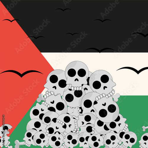 Palestine vs Israel military conflict. Stop war in Gaza concept. Apotheosis of war. Mountains skulls on flag country background. Vector illustration.