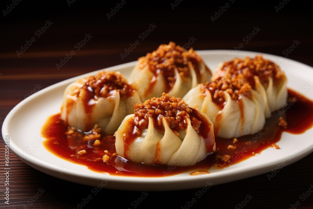 steamed dumplings with chili sauce dripped on top steamed dumplings with chili sauce dripped on top