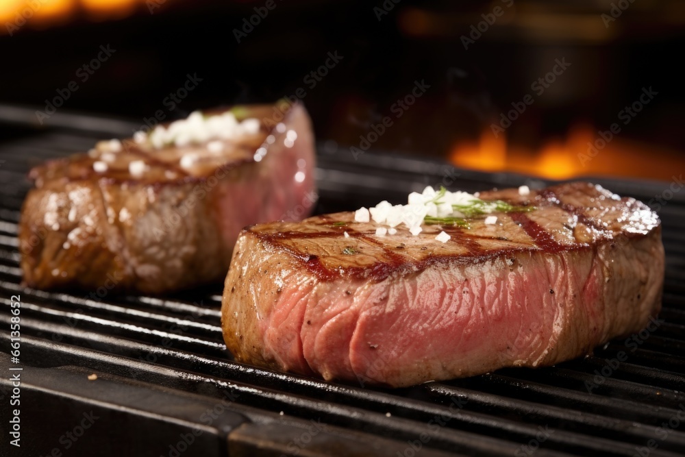 a pair of lean steaks seared over direct heat