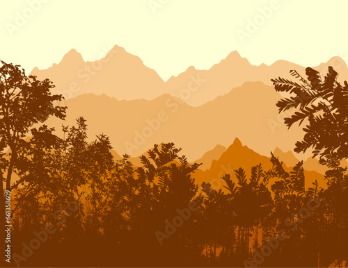 Autumn landscape with brown trees. Mountains in a warm country. hand drawing. Not AI, Illustrat3 . Vector illustration