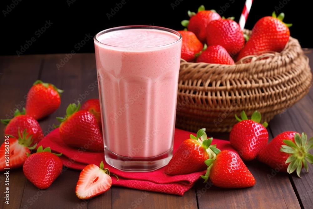 a strawberry shake next to a basket of fresh strawberries a strawberry shake next to a basket of fresh strawberries