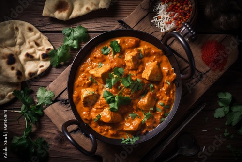 indian chicken tikka masala curry in bowl, copy space, generative ai photo