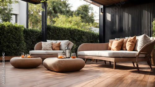 Contemporary outdoor lounge in backyard Terrace house with wooden floor comfy seating and wicker ottoman Cozy patio or balcony space for relaxation Wooden veranda with outdoor furniture copy space