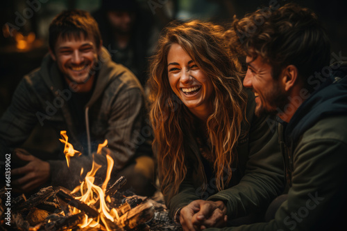 Generative ai illustration of group of millennials laughing around a campfire