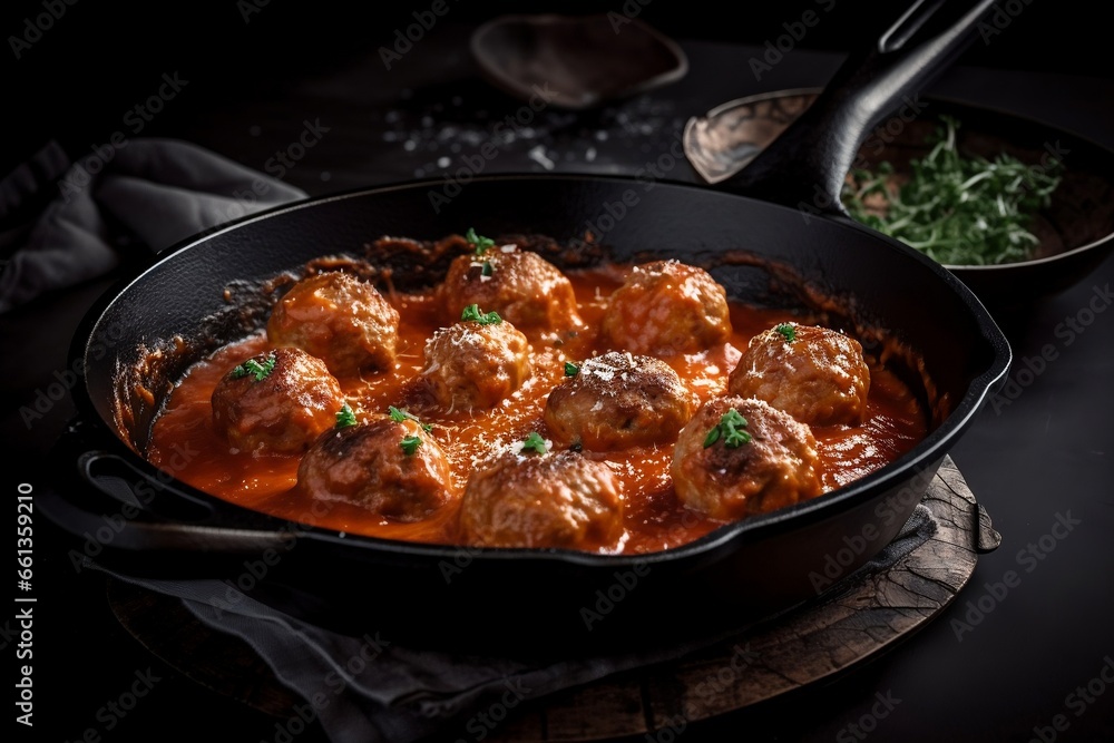 Meatballs in tomato sauce in pan, top view of stew, cookbook menu recipe, generative ai Meatballs in tomato sauce in pan, top view of stew, cookbook menu recipe, generative ai