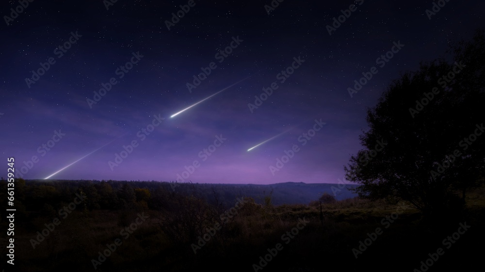 Landscape with falling stars. Fabulous night, meteors over the hills and forests. Meteorites light up the sky.