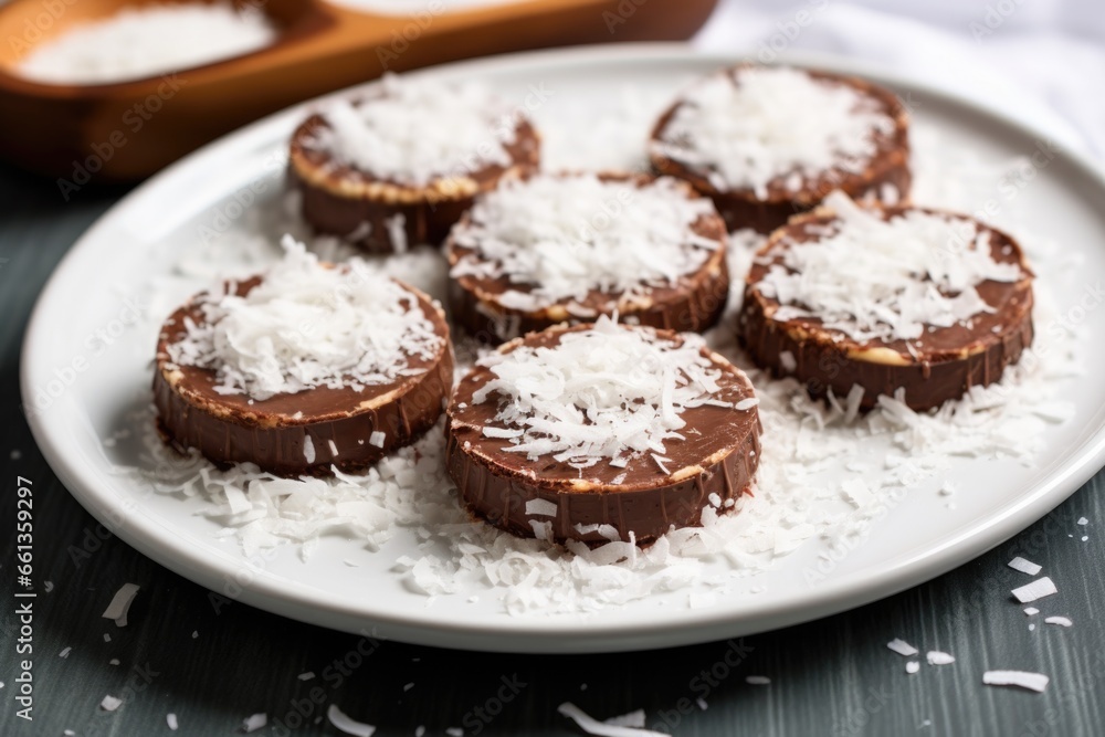 nutella bruschetta sprinkled with desiccated coconut, served on a round white plate