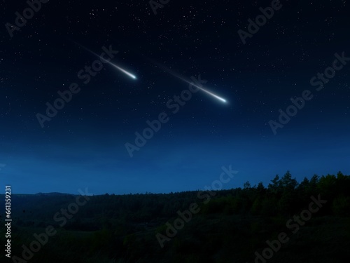 Meteor trails above the treetops. Fireballs light up the night sky. Beautiful landscape with meteorites.