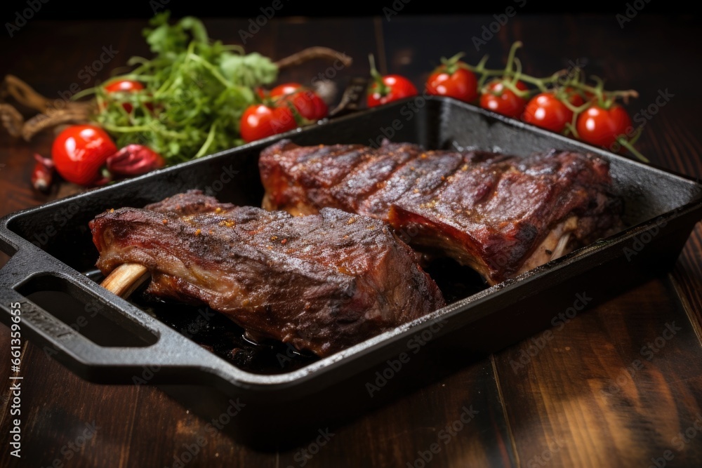 beef bbq ribs on a cast iron griddle, sizzling hot