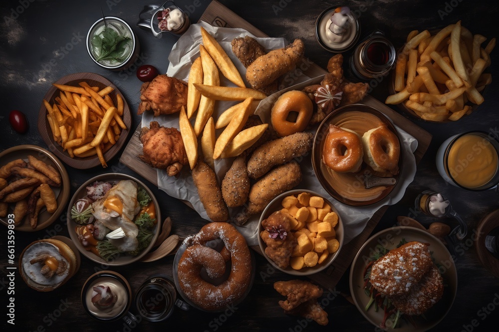 Texas style bbq meal with all french fries, sausage, meat, chicken, top view, generative ai Texas style bbq meal with all french fries, sausage, meat, chicken, top view, generative ai