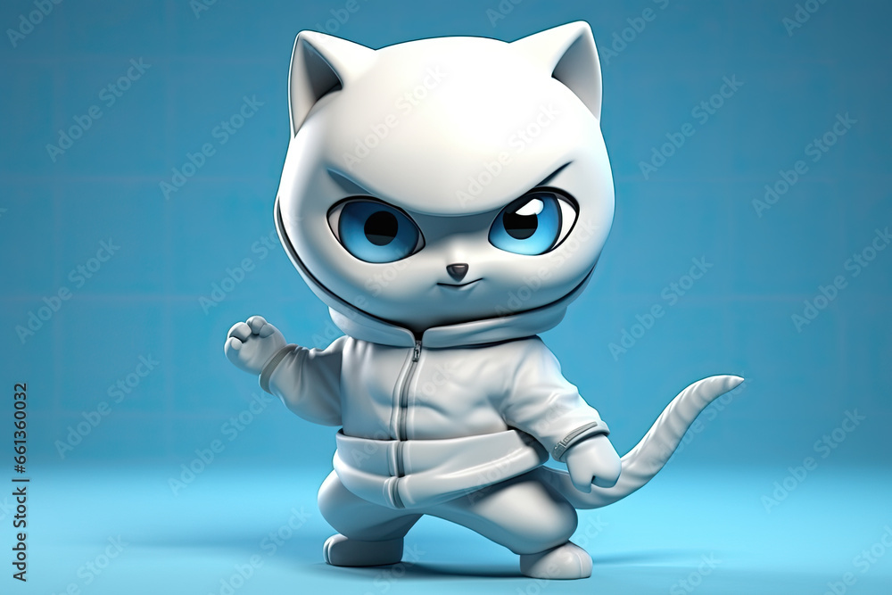 Petfluencers - The Cat Takes Ninja Stance, Fulfilling a Long-Held Dream on Blue Background