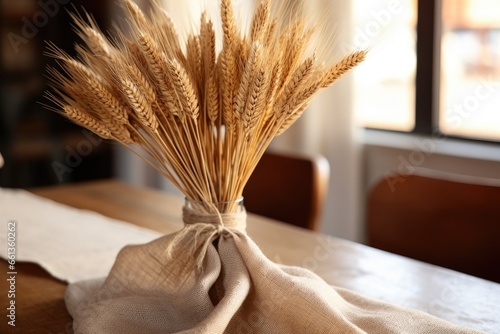 closeup of a wheat bundle centerpiece on a dining table photo