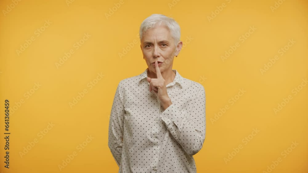 Mature Woman Showing Silence Gesture on Yellow Background Mature Woman Showing Silence Gesture on Yellow Background