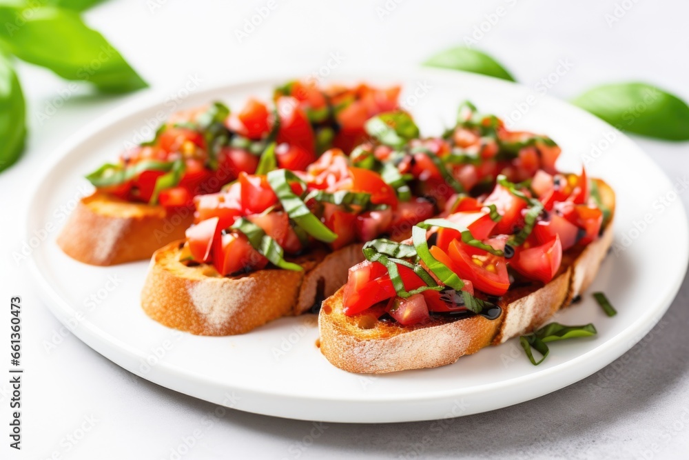 tomato and basil bruschetta on a white ceramic plate tomato and basil bruschetta on a white ceramic plate