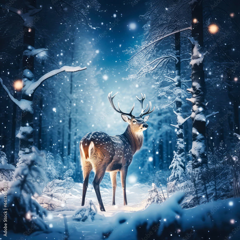 Fototapeta premium Wild Christmas deer in snowy fairy forest, mystery woodland. Cute winter holidays illustration. New Year greeting card, Generative ai