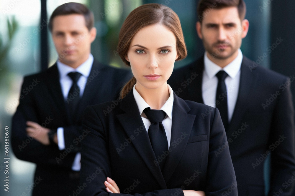 Portrait of young businesswoman in office with colleagues in background. Portrait of young businesswoman in office with colleagues in background.