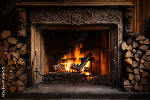 Fireplace with burning wood