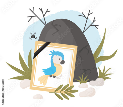 Mourning photograph of dead parrot. Cemetery, grave and stones with grass. Vector illustration in cartoon flat style. frame portrait with lovely pet of bird ghost