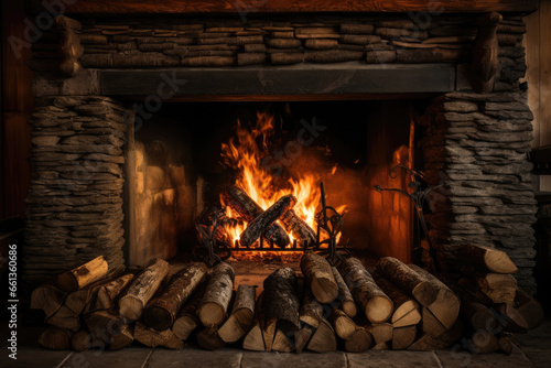 Fireplace with burning wood