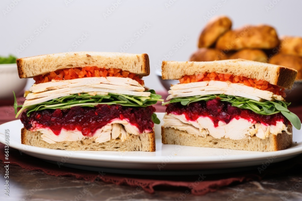 two identically made turkey sandwiches side-by-side two identically made turkey sandwiches side-by-side