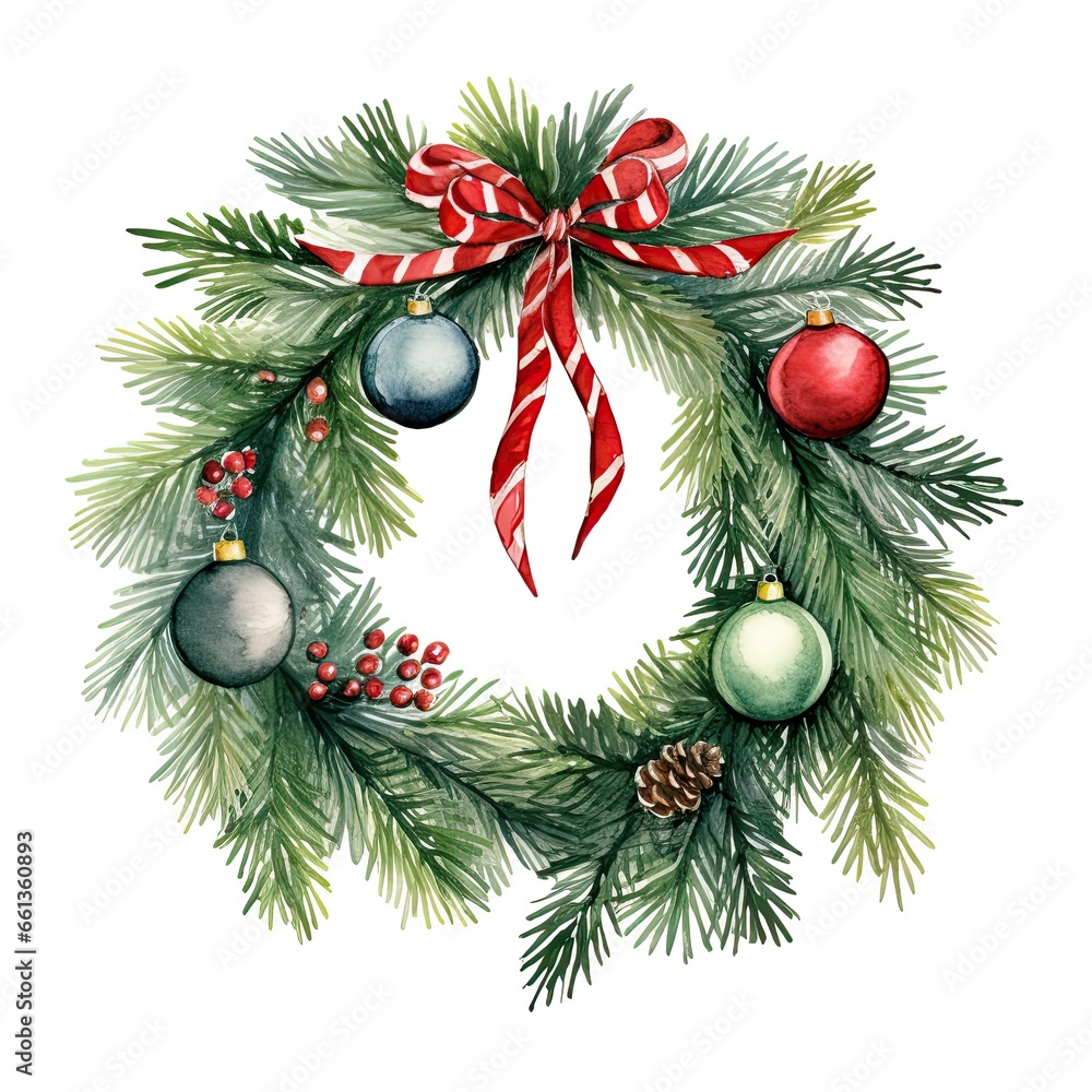 Christmas wreath. Ornaments from the branches painted with watercolors on white background. Generative AI Christmas wreath. Ornaments from the branches painted with watercolors on white background. Generative AI