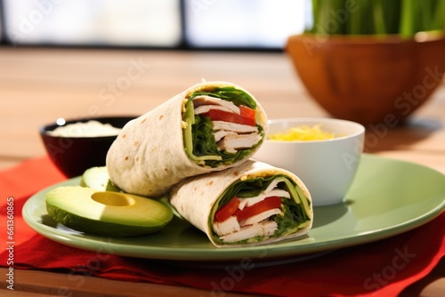 freshly made turkey and avocado wrap on a bright plate