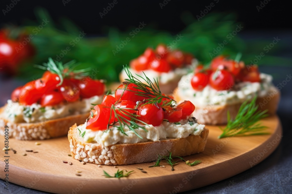close-up of vegan cream cheese, cherry tomato and fresh dill bruschetta close-up of vegan cream cheese, cherry tomato and fresh dill bruschetta
