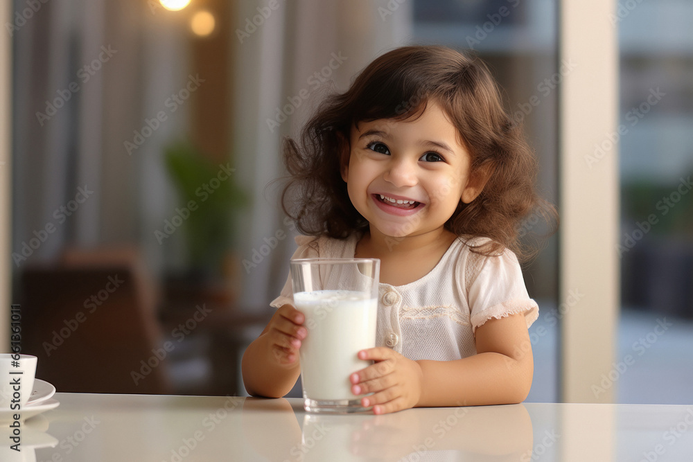 Indian cute girl holding a glass of milk on the table Indian cute girl holding a glass of milk on the table