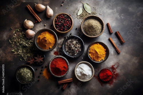 from above of various spices in bowls on dark grunge background, food style photography, top view, generative ai