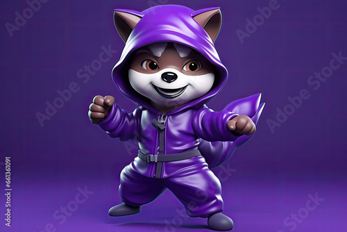 Petfluencers - The Pup Strikes a Ninja Pose, Fulfilling a Long-Held Dream on Purple Background photo