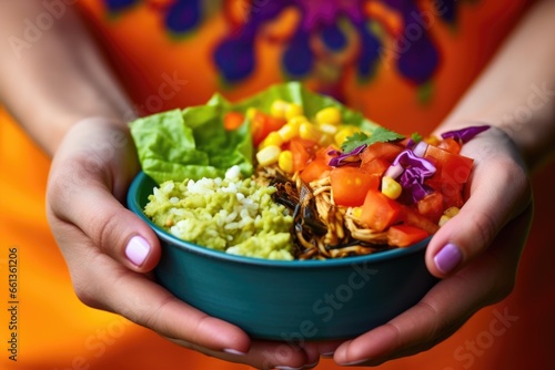hand serving veggie burrito bowl filled with fresh vegetables on a colorful plate