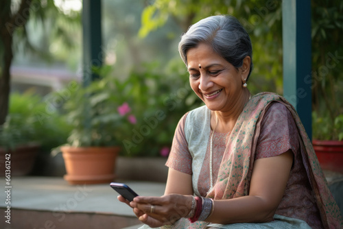 elderly indian woman looking at smartphone