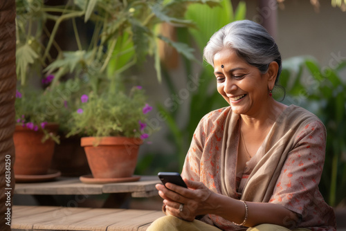 elderly indian woman looking at smartphone