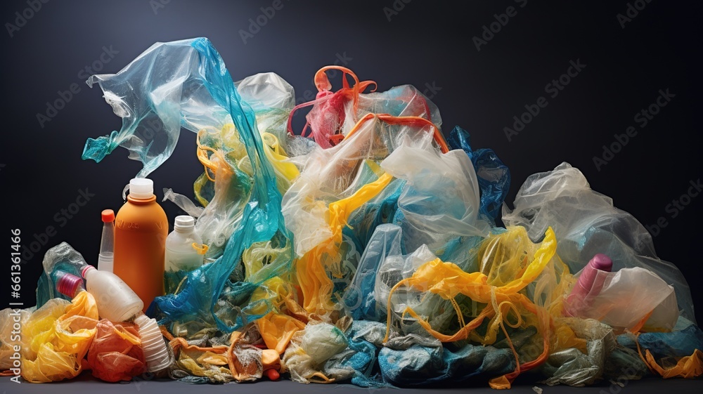 Background of diverse colorful plastic packs and bottle mixed together. concept environmental pollution and plastic recycling. AI - obrazy, fototapety, plakaty 