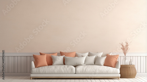 fabric sofa with white and terra cotta pillows. French country home interior design. ai generative