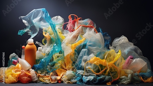Background of diverse colorful plastic packs and bottle mixed together. concept environmental pollution and plastic recycling. AI